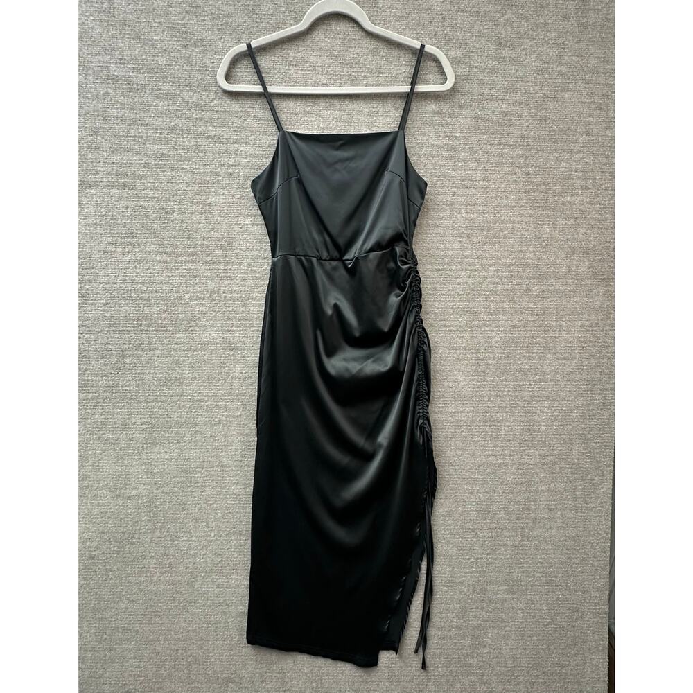 o.p.t Small Black Sleeveless Side Slit Ruched Satin Midi Dress Sleek Minimalist